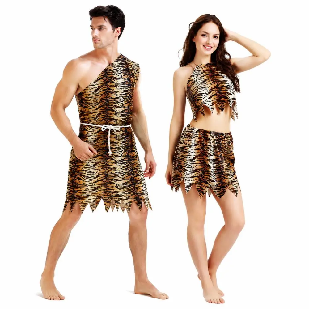 

Cosplay Caveman Costume for Men and Women Tiger Print Party Outfit Halloween Carnival Dress Up Set for Couples Fun Wear
