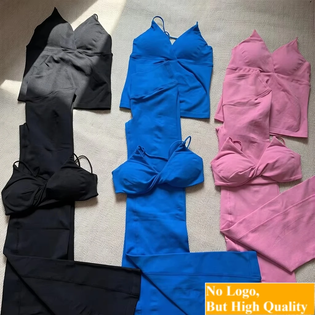 NOLOGO 2Pc Sport Set Women Seamless Front Tie Crossover Bra Cami Crop Top Crossover Waist Flare Leggings Gym Fitness Workout Set