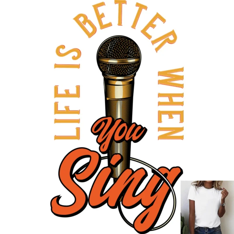 Retro Microphone & Letter Print Heat - Transfer White Ink Iron - on Patch, Versatile & Stylish Pattern, for T - shirts/Canvas