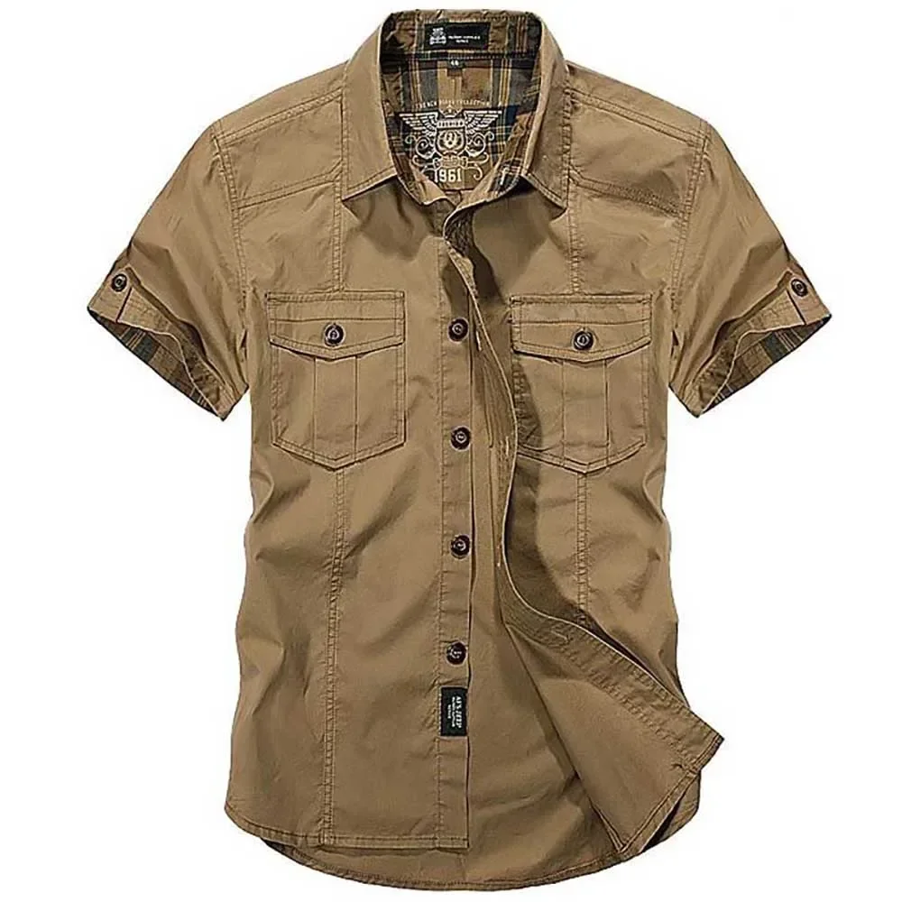 Camisas informales de algodón para hombre, camisas holgadas de manga corta con cuello vuelto, Tops de estilo militar, novedad de verano, 2024