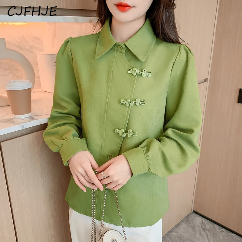 CJFHJE New Chinese Style Button Brushed Women\'s Shirt Top Spring Fashion Retro Versatile Women Long Sleeved POLO Collar Shirt