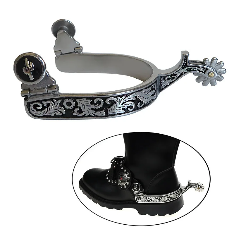 Eperons-de-cheval-western-en-denim-acier-inoxydable-motif-noir-avec-engrenage-pour-l'equitation-cowboy-sans-ceinture-sp5130