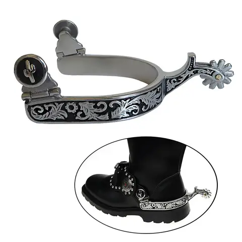 Western Denim Horse Spurs Stainless Steel Black Pattern With Gear Cowboy Equestrian Riding Spur No Belt SP5130