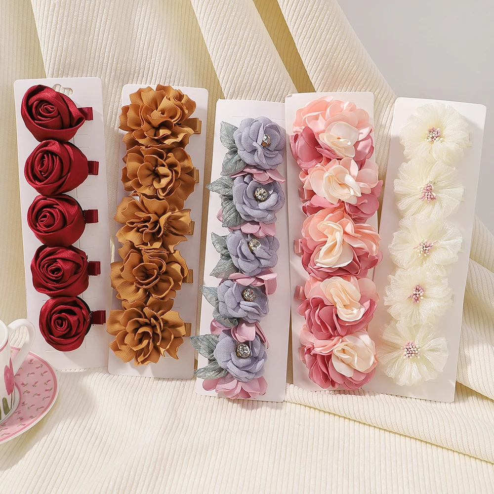 3/5Pcs Handmade Chiffon Flowers Hair Clips Rolled Rose Petals Fabric Flowers Hairpins Kids Girls Hair Accessories Gift Wholesale