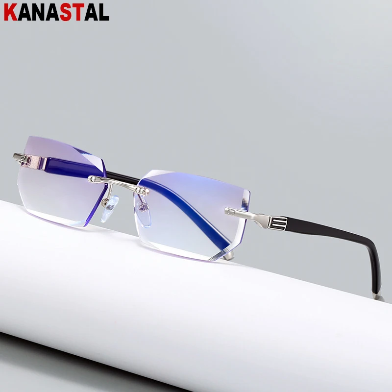 Gafas de lectura sin montura para hombre y mujer, lentes con bloqueo de luz azul, montura de gafas para presbicia, gafas de Metal antiradiación para ordenador