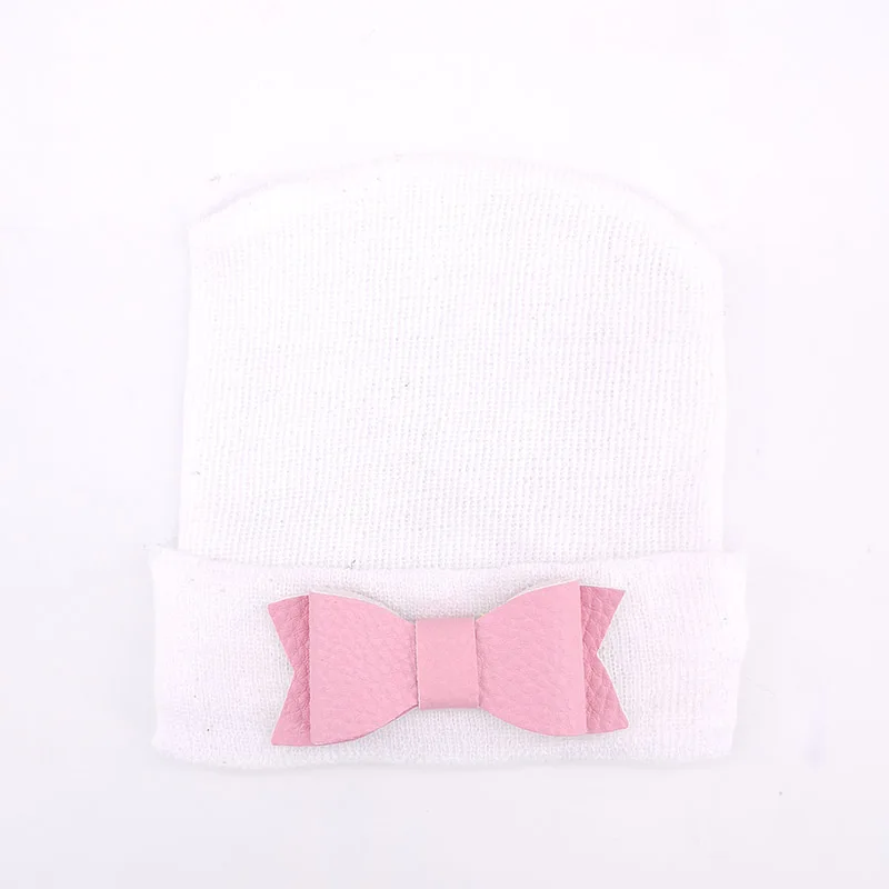 Newborn baby Girls PU Leather Bow Hospital Hats 0-3 Month Childs kids Soft Cotton Knitted Beanies Hats And Caps Hair Accessories