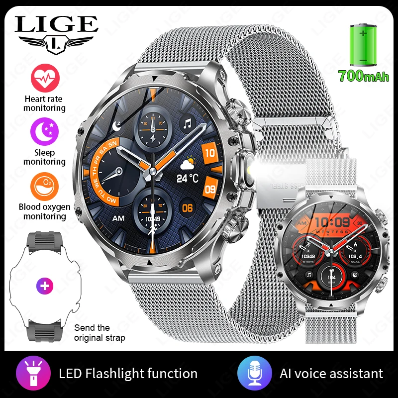 LIGE Smart Uhr Männer Taschenlampe 1,9 zoll 416*416HD Bildschirm Im Freien Sport Fitness Tracker 700mah Große Batterie BT anruf Smartwatch 5