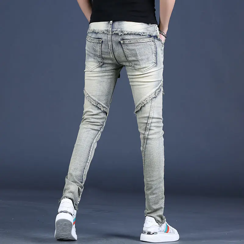 2022 new summer European and American high street tide brand retro motorcycle riding pants jeans patch men's trousers thin