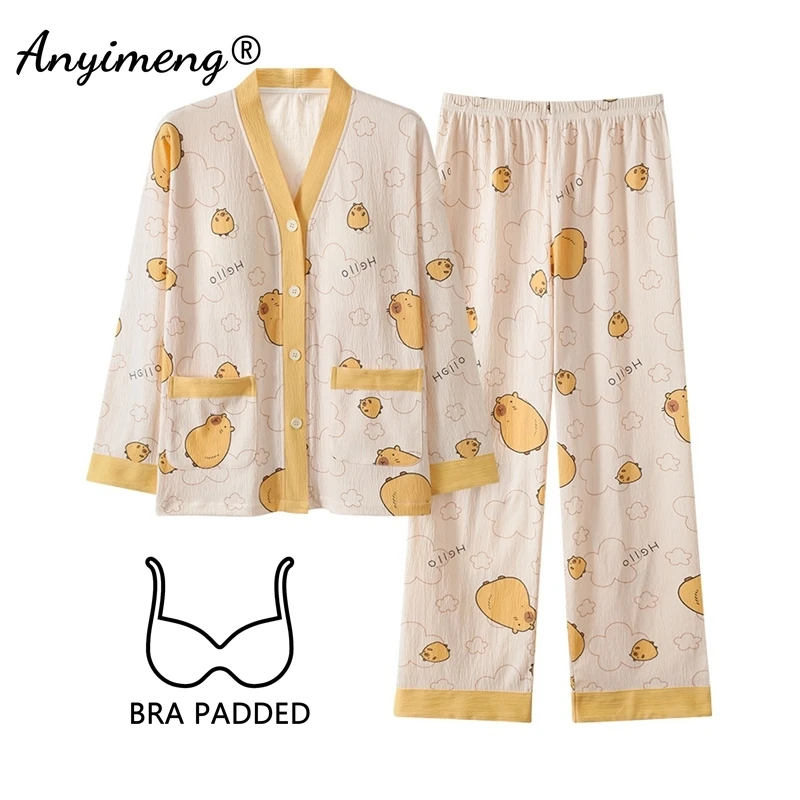 New Autumn Winter Women Pajamas with Bra Pads Long Sleeves Homewear Cardigan Kimono Pijamas Fashion Women Sleepwear