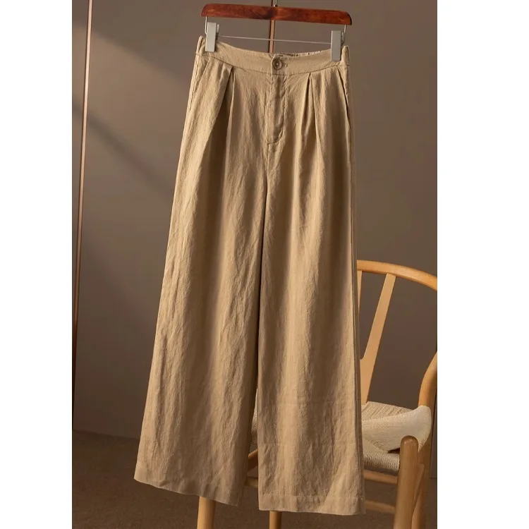 جديد القطن الكتان مرونة عالية الخصر مطوي مستقيم واسعة الساق السراويل الطويلة النساء صافي اللون السراويل الطويلة السيدات السراويل