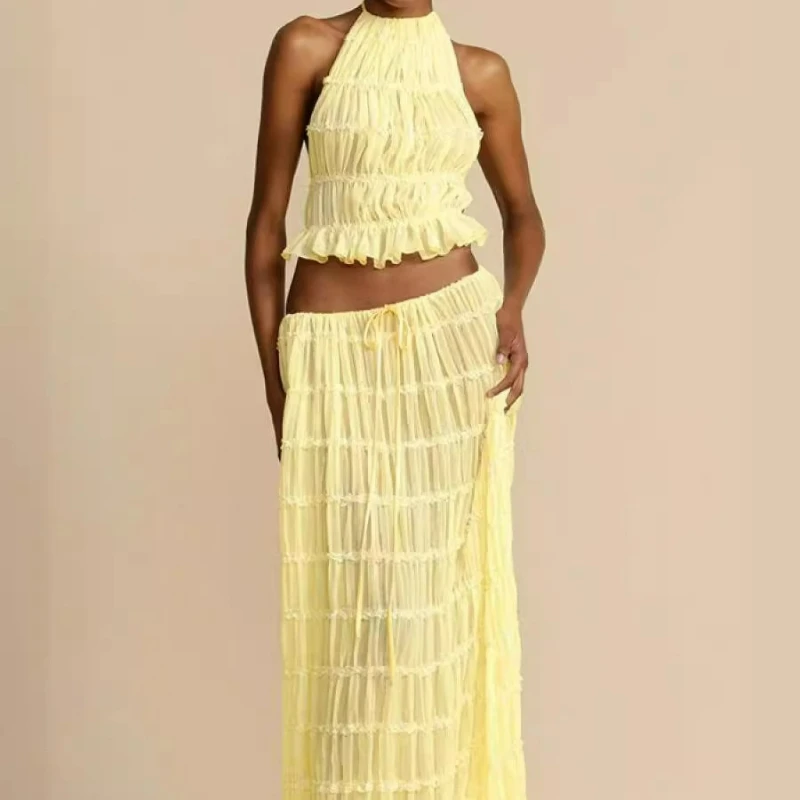 

Backless Halter Drawstring Chiffon Pleated Long Dress for Women New Fashionable American Sexy Style Two-piece Set 2026 Summer