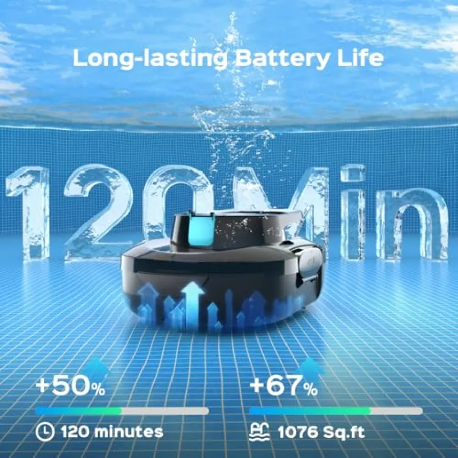 Above Ground Swimming Pools automatic pool cleaner, dual-motor cordless robot, mirror black, 120-min runtime, large debris capa
