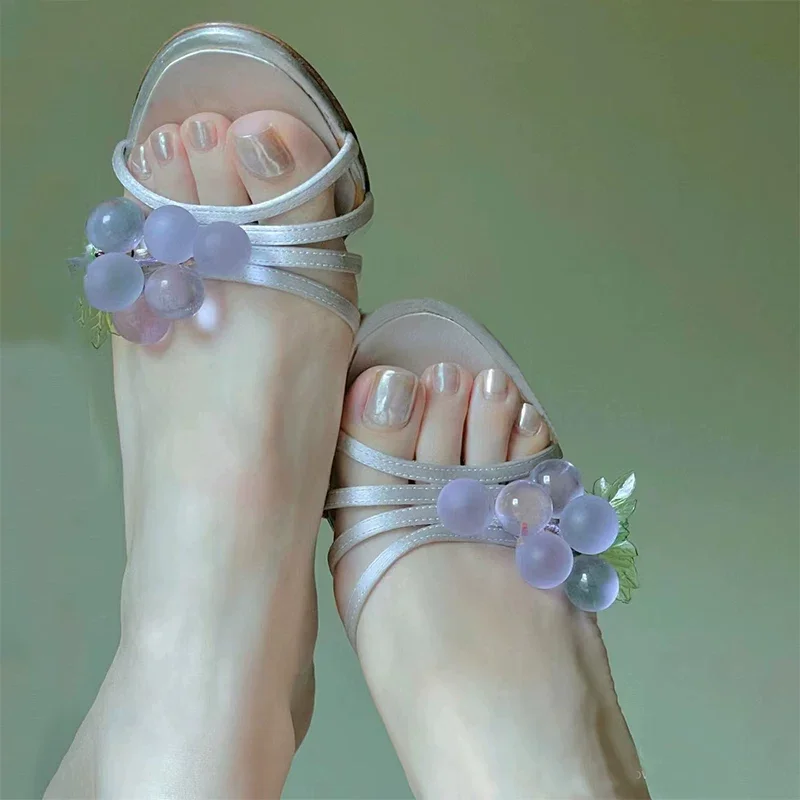 Vintage Satin Crystal Slippers Handmade Grape Beaded Slip-on Sandals Elegant Causal High Heels Women's New Summer Open Toe Shoes