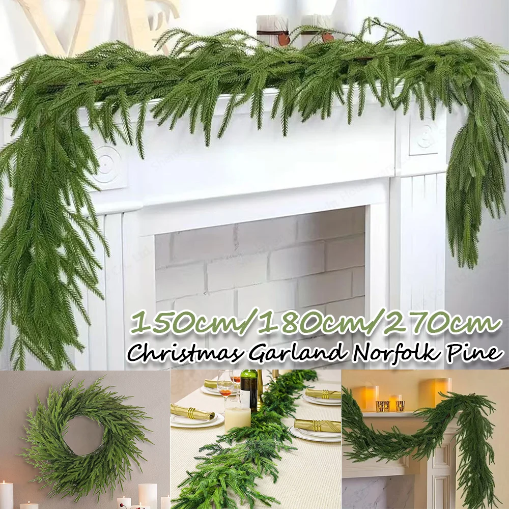 Christmas Norfolk Pine Dense Garland Artificial Greenery Real Touch Garland for Holiday Mantle Fireplace Table Home Decor