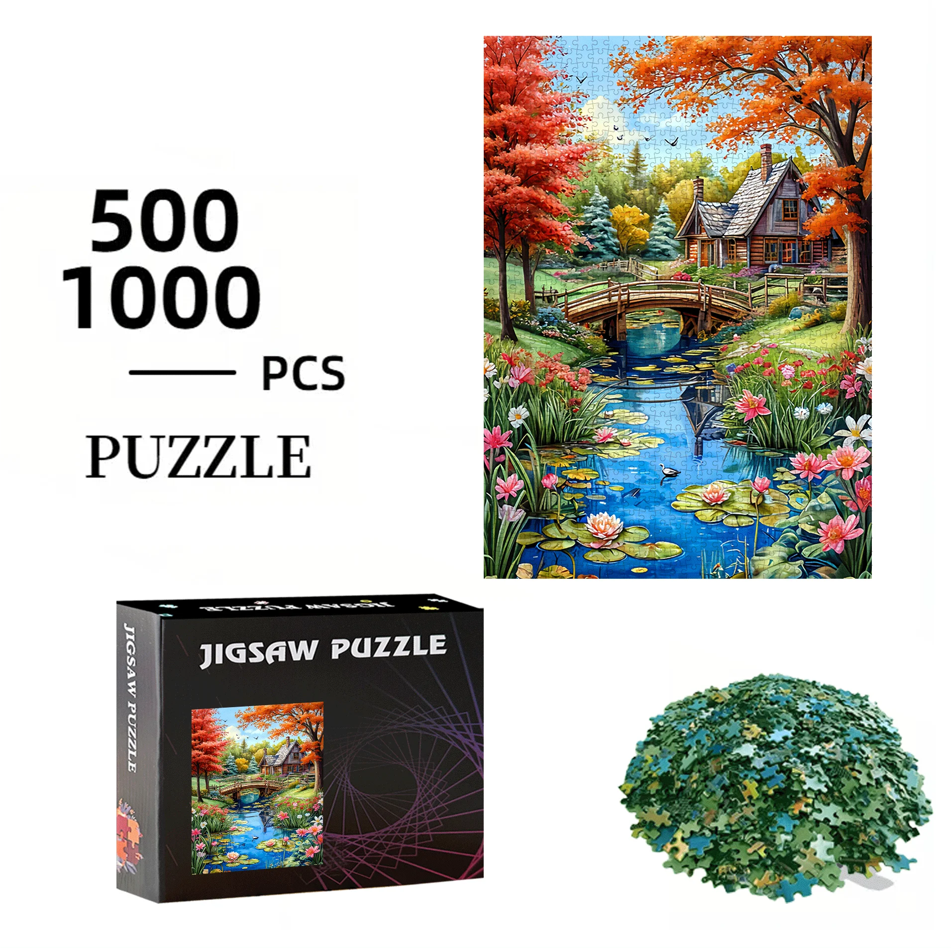 500pcs or 1000pcs Extra Large Jigsaw Puzzle - Cottage by the Lake with Autumn Colors, Lily Pads, Birds & House - Challenging I