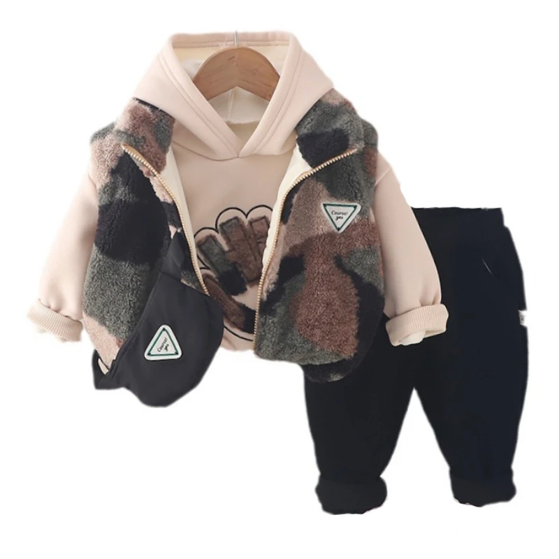 

New Winter Baby Clothes Children Boys Thickened Warm Vest Hooded T-Shirt Pants 3Pcs/Sets Toddler Girls Clothing Kids Tracksuits