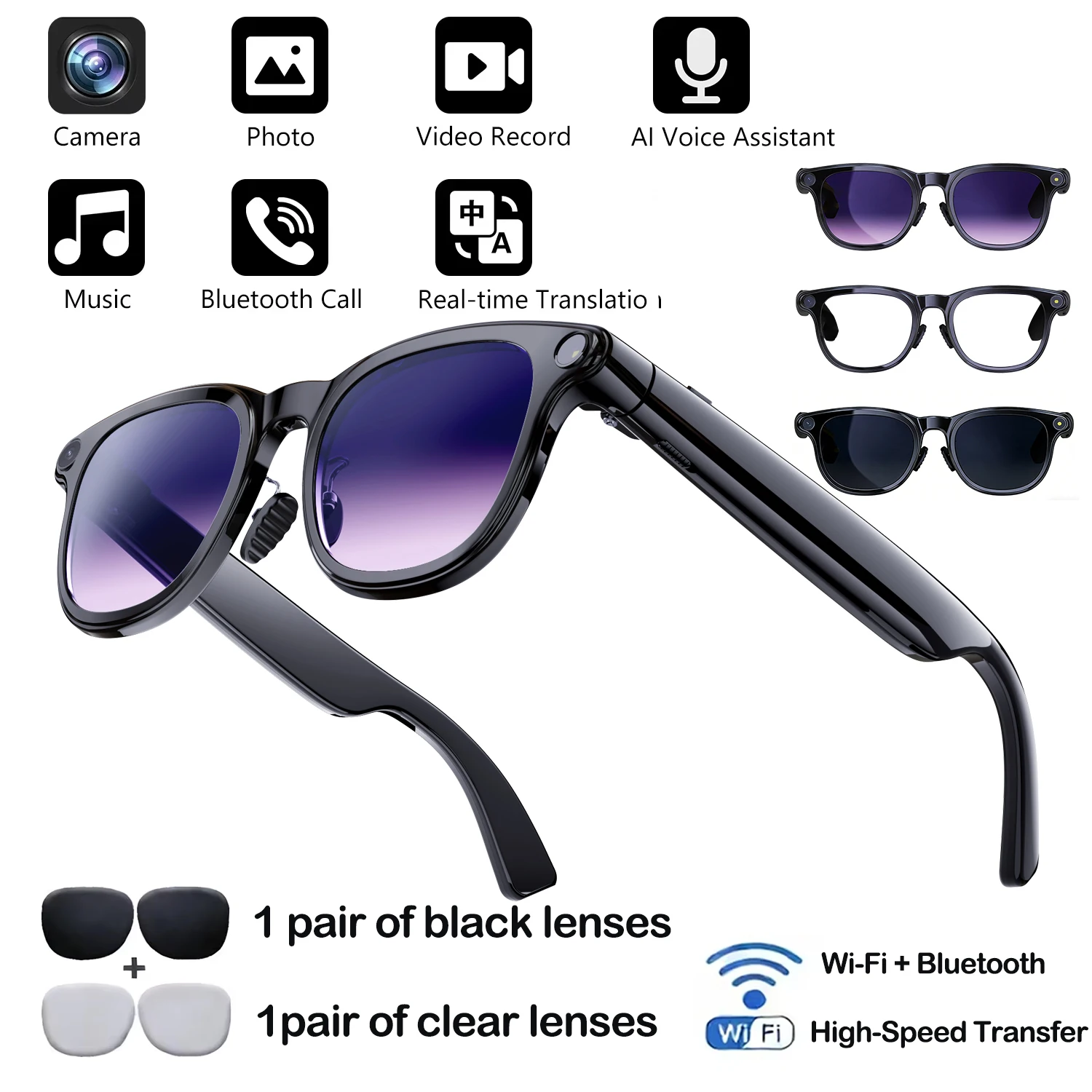

Умные AI-очки 3-в-1 с камерой 8 МП, записью видео, распознаванием фото, Bluetooth-звонками, голосовым переводом, для мужчин и женщин