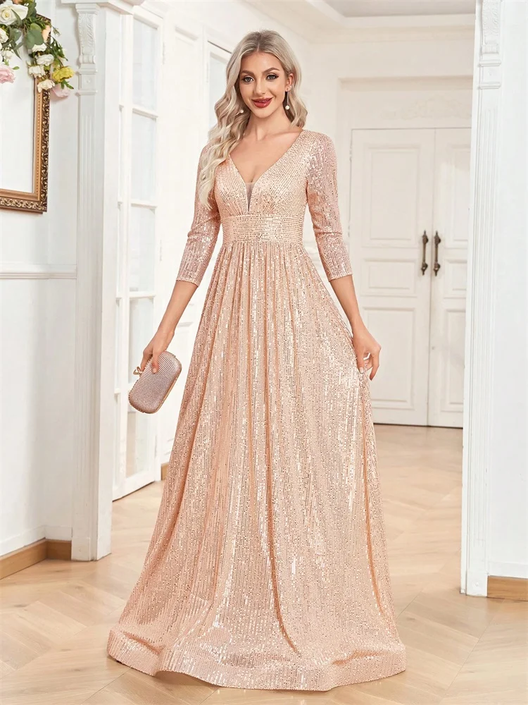 فستان سهرة رسمي فاخر بياقة على شكل V وأكمام طويلة ترتر أزرق للنساء 2024 لحفلات الزفاف والحفلات الراقصة فستان كوكتيل طويل