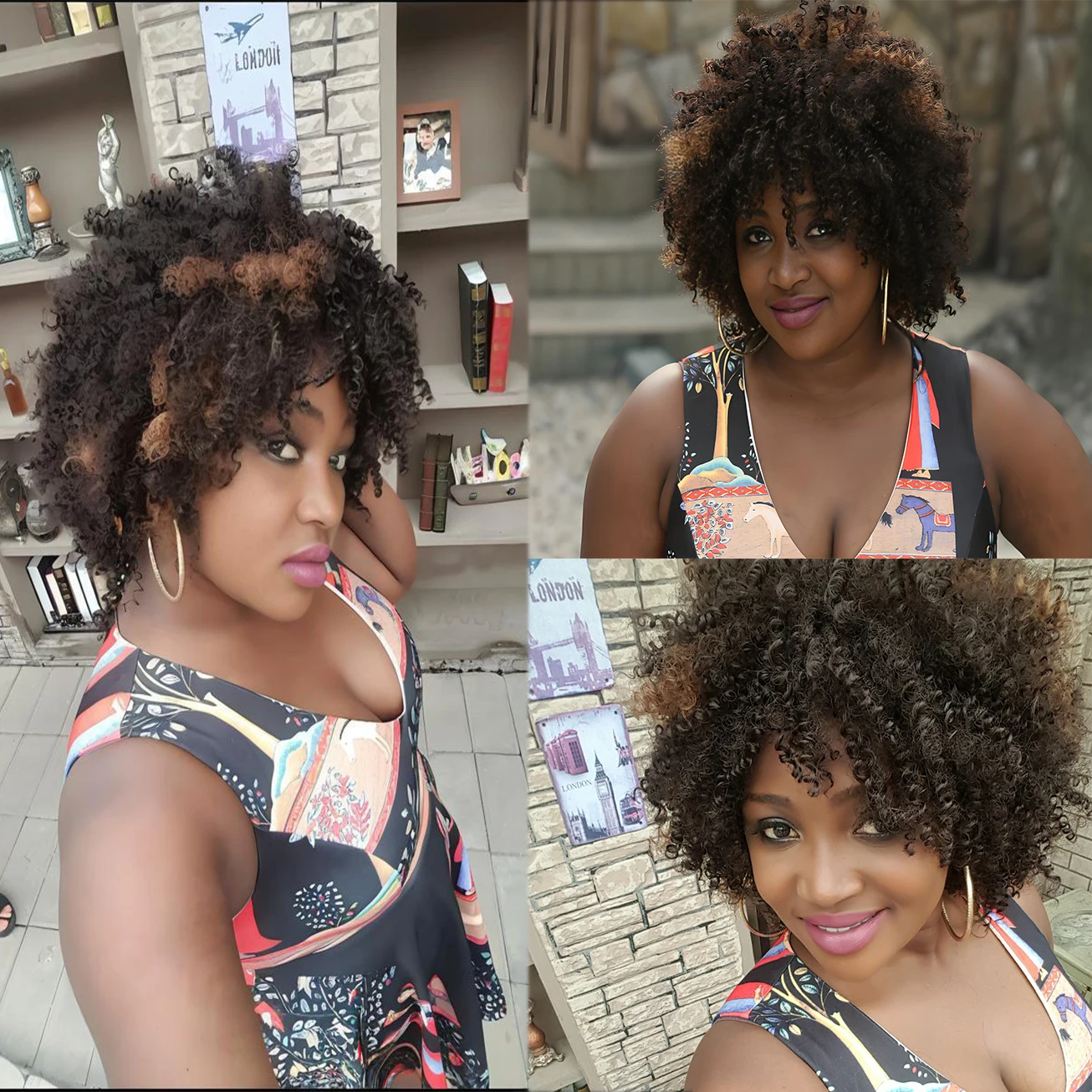 African Fashion Synthetic Curly Hair Wig Short Hair Bangs Mixed Brown Women Black Natural African High Temperature Hair