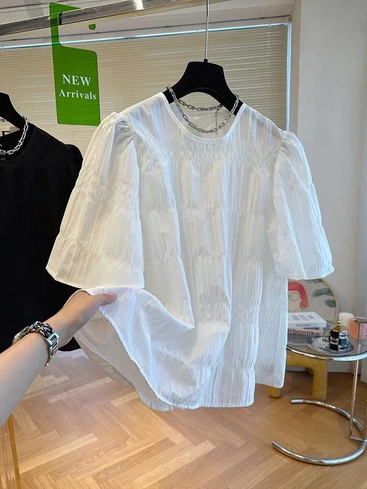 

Women Fashion Shirts 2024 Summer New O Neck Pleated Solid Color Short Sleeve Blouse Puff Sleeve Casual Tops