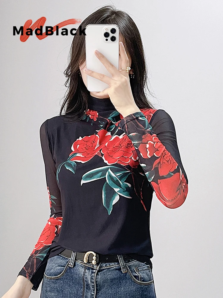 

MadBlack-женская европейская футболка, сексуальная водолазка с цветочным принтом, модная тонкая сетчатая футболка с длинными рукавами S-3XL, новинка осени 2023 года T59015CC