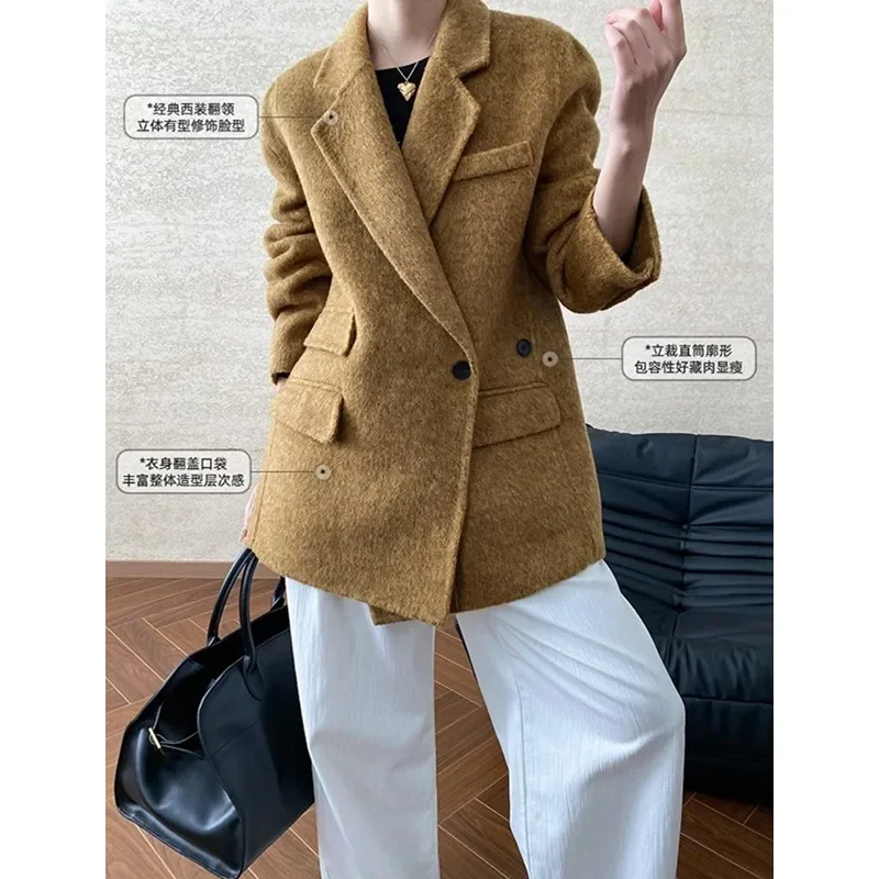 SuperAen Korean Design Button Wool Double-sided Tweed Blazer Coat for Women