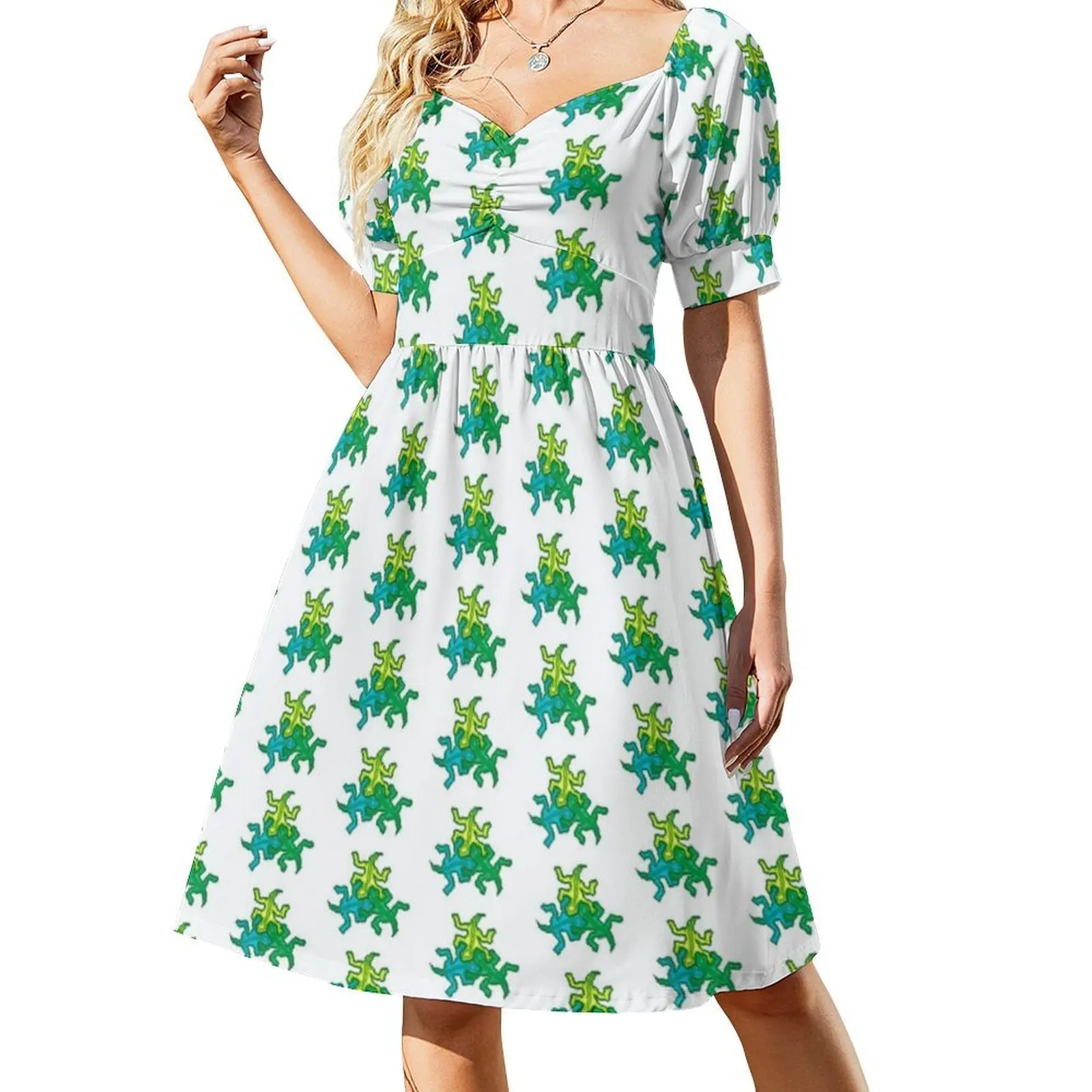 فستان Pixel Art Escher Lizard Boho Chic أنيق على الموضة لحفلات الزفاف على الشاطئ Pixelart Escher Lizards الزواحف الخضراء للنساء