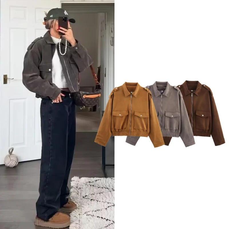 Tidalyf 2025 Women Colorblock Suede Texture Jacket Turn Down Collar Shoulder Strap Elastic Hem Pockets Casual Chic Autumn Winter