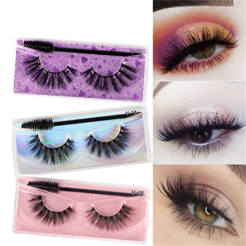 15 Styles série V couleur paillettes carte naturel Faux cils de vison avec brosse-Faux cils réutilisables pour beaux yeux