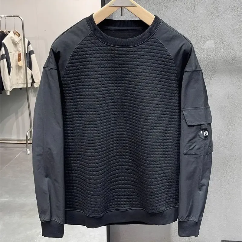 

Retro Mens Casual Sweatshirts Loose Patchwork Waffle with Cargo Pocket Pullovers O-Neck Streetwear Black Long Sleeves Sweatshirt