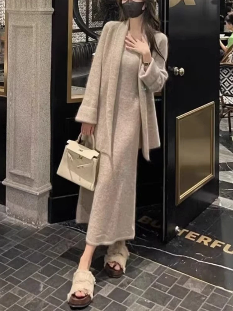 

2023 Winter Maillard Fashion Knit Two Piece Set Women Solid Korean Style Vintage Midi Sweater Dress Suit Female French Chic Suit