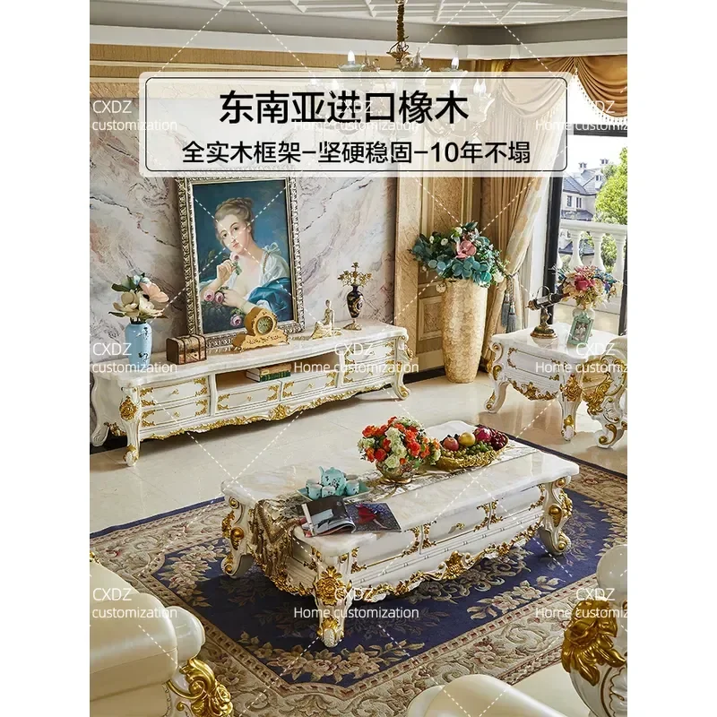 White Marble Coffee Table with Solid Wood Carved Flower Base Luxury Living Room Tea Table TV Cabinet Combination Storage