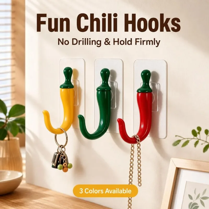 3pcs Chili Shape Adhesive Wall Hooks No Drill Self‑Adhesive Anti‑Slip Decor Hooks for Kitchen Bathroom Key Towel Bag
