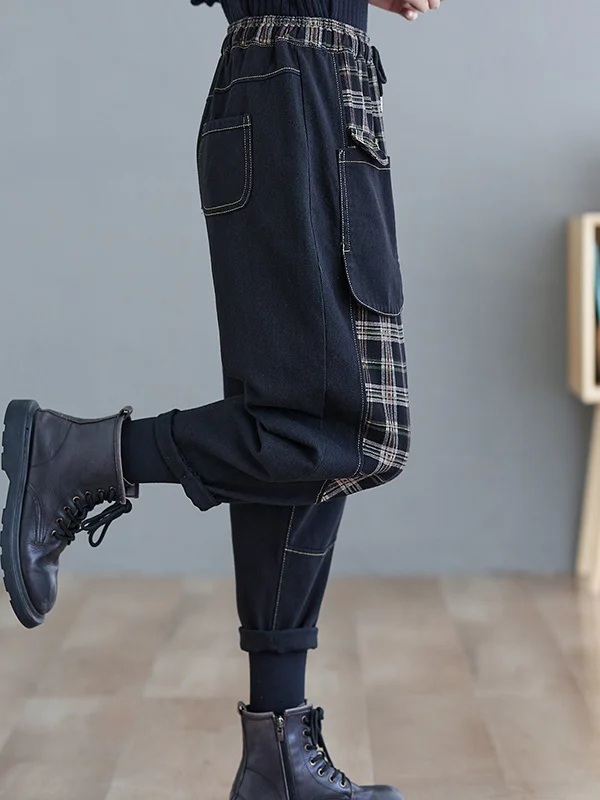 الرجعية المرقعة الدنيم سراويل تقليدية المرأة عالية الخصر مرونة الخصر منقوشة هارلان السراويل الطويلة الخريف جديد Sle ارتداء مقاومة