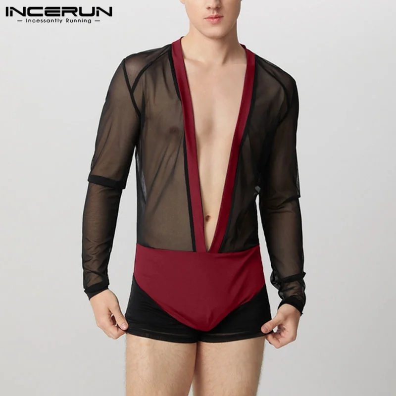 

INCERUN 2025 Summer Spring Men Bodysuits Patchwork V-neck Long Sleeve Male Rompers Sexy Streetwear Fashion Bodysuits S-3XL