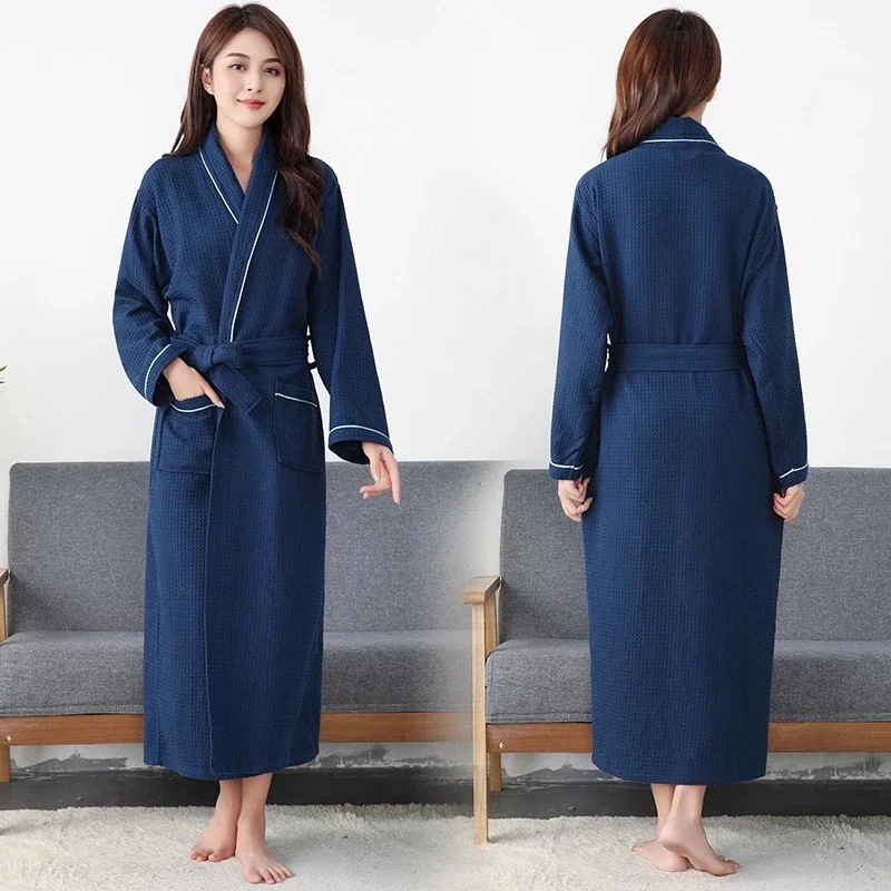 เสื้อคลุมอาบน้ําผู้หญิง 100% วาฟเฟิลผ้าฝ้ายยาวพิเศษ Robe Solid Robe หญิงยาวสบายๆชุดนอนชุดนอนสําหรับสตรี Robe ฤดูใบไม้ผลิ