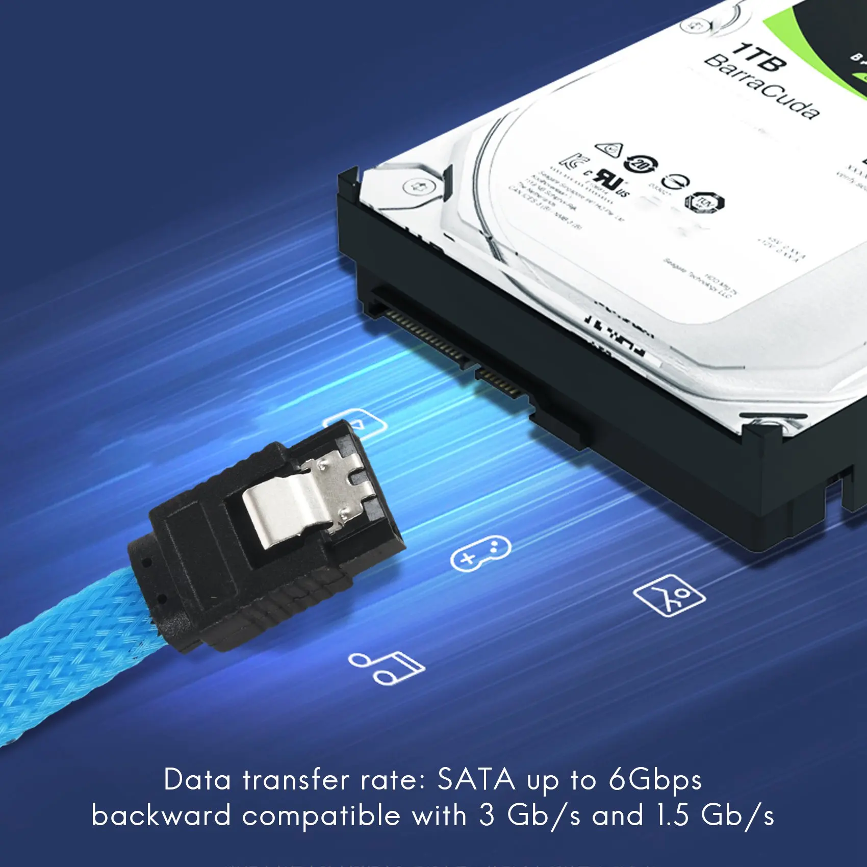 สายดาต้า3.0 III SATA3 7pin ยาว50ซม. สายเคเบิล SSD 6กิกะไบต์/วินาทีสายดาต้าฮาร์ดดิสก์ HDD พร้อมปลอกหุ้มไนลอนรุ่นพรีเมี่ยม (สีน้ำเงิน)