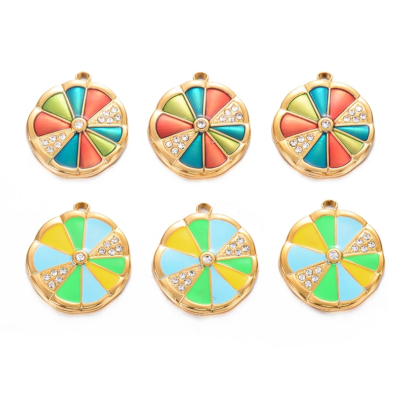 

6pc/Lot 20mm Lemon Slices Enamel Charms Stainless Steel Rhinestone Orange For Fashion Jewelry Making Earring Bracelet Floating