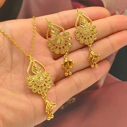 African Gold Color Jewelry Set for Party Elegant Hollow Out Design Drop Earrings and Necklace 2Pcs Set for Engagement Party Gift