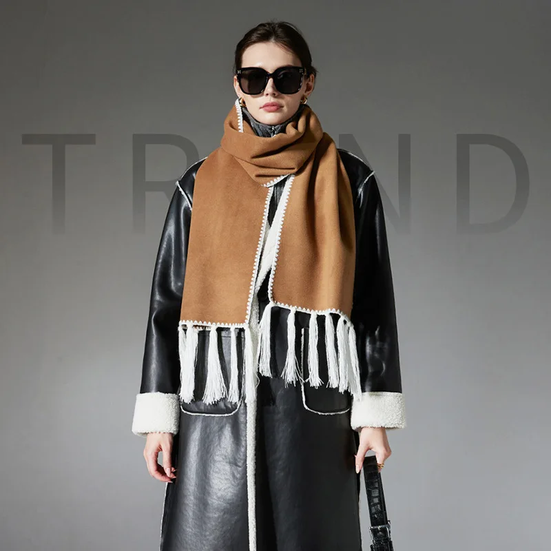 European American autumn/winter double-faced wool scarf with tassels, solid camel color, extra-long, versatile, and provides