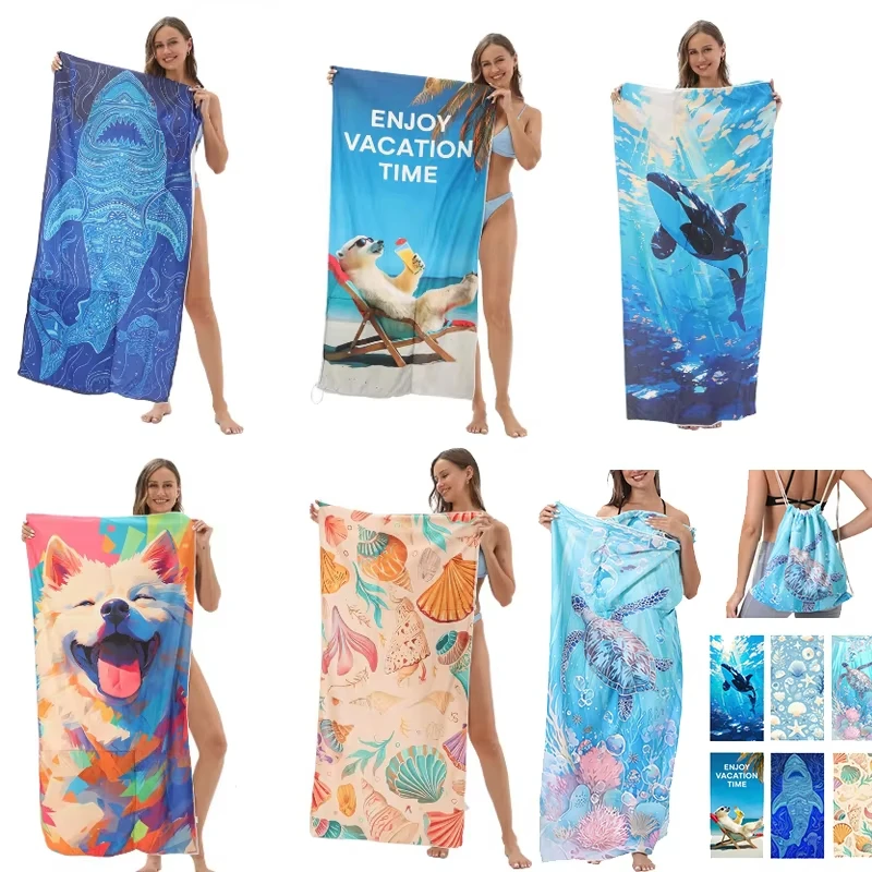

Большое легкое пляжное полотенце из микрофибры с принтом, портативное, с рюкзаком для хранения, для спорта и фитнеса, банное полотенце