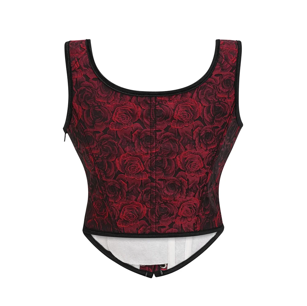 Red Floral Print Overbust Vintage Lace Up Corset Vest Goth Bustier Top Burlesque Costume Women Steampunk Clothing Waist Trainer