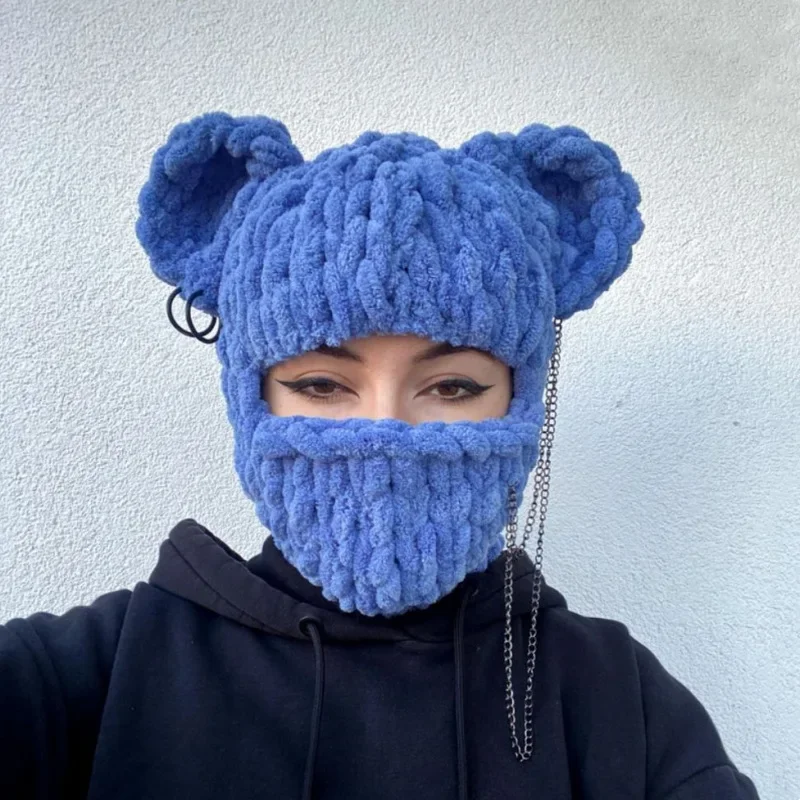 Hot Selling New Little Bear Ear Crocheted Hat for Adult Autumn and Winter Warm and Thickened Mask Integrated Woolen Hat