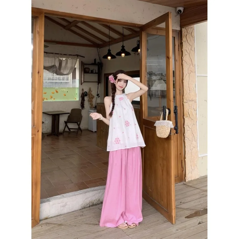 

Женская одежда, летняя мода, повседневная женская универсальная одежда с лямкой на шее и принтом, модные топы без рукавов, тонкие укороченные брюки, костюм