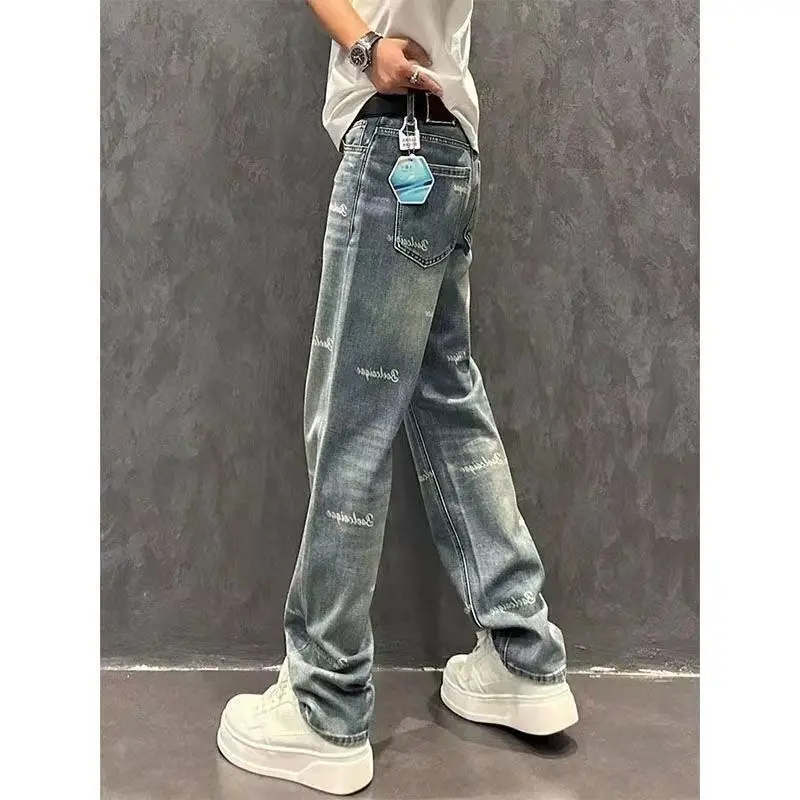 Men's Trendy Letter Print Washed Blue Straight Denim Pants Summer Simple Casual Streetwear Pockets Loose Jeans Pantalones Hombre