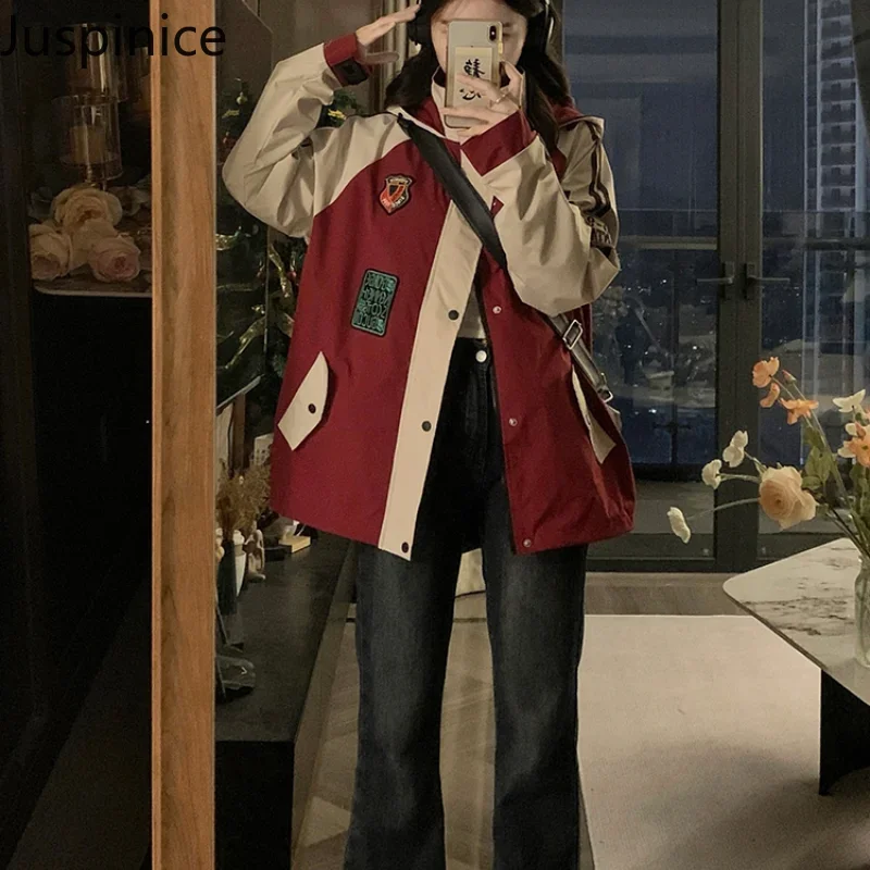 

Autumn Contrasting Color Patchwork Embroidered Jacket Couple Loose Casual High Street Personalized Jackets Male Clothes