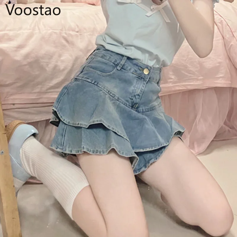 Summer Sweet Lolita Style Denim Skirts Women Vintage Cute Ruffles Mini Cake Skirt Cool Girly Harajuku Sexy Party A-Line Skirts