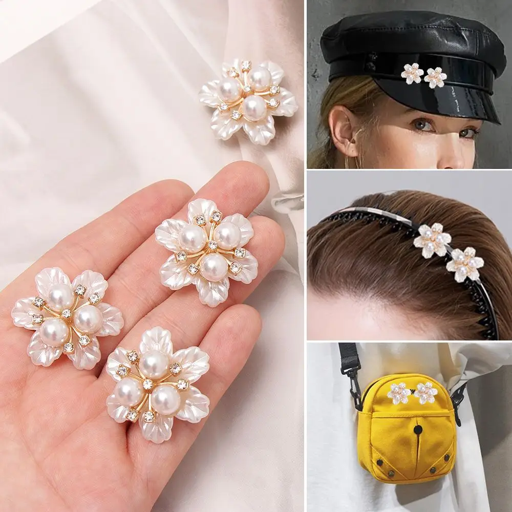 

5PCS Sparkling Hat Accessories Flower-shaped Headwear Clip Rhinestone Buttons Pearl Button Pearl Hairpins