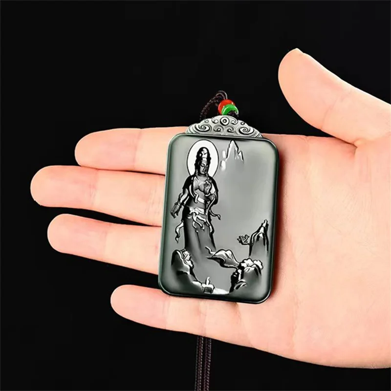 Jia Le/ 100% Natural Hetian Cyan Jade Landscape Guanyin Necklace Pendant Fashion Personalized Men and Women Couples Amulet Gift