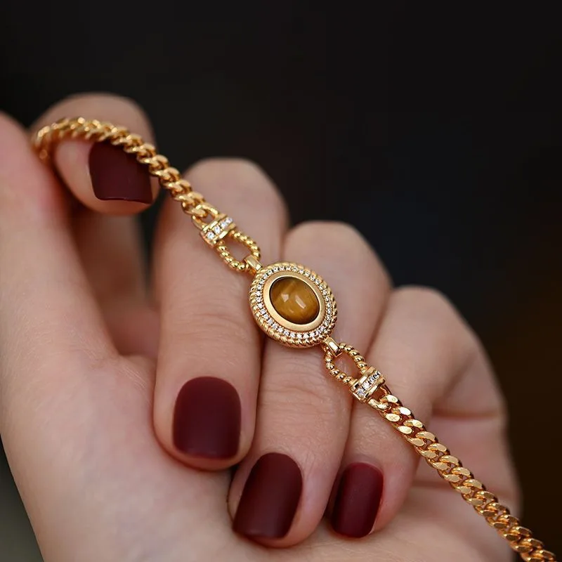 

French Palace Style Tiger Eye Stone Bracelet Premium Luxury 18k Gold Plated Cuban Chain Women Zircon Bracelet Party Jewelry Gift